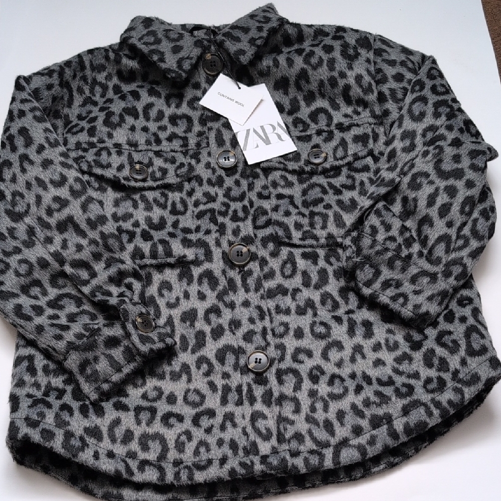New With Tags Zara Kids Black and Gray Animal Print Button Down Top.